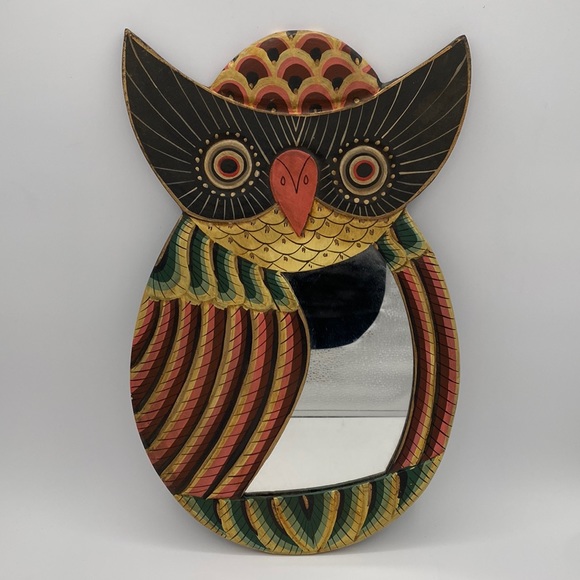 Other - Retro Wood Painted Boho Maximalist Cottagecore Owl Mirror Decor